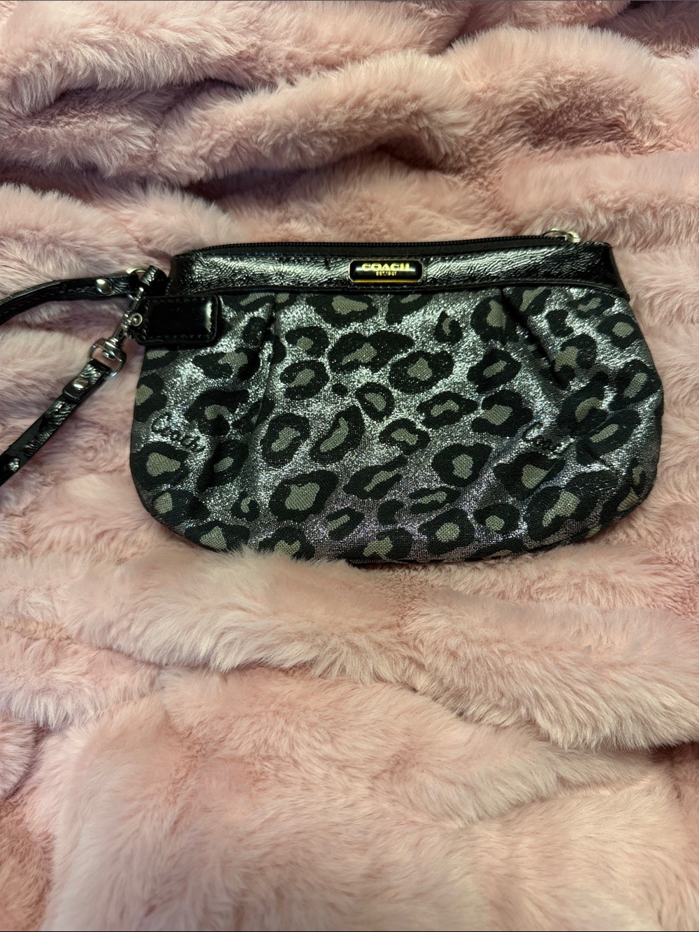 Coach Metallic Leopard Print Wristlet - Black & Silver